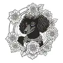A poodle surrounded by a halo of peach blossoms, with a paw print inked in the center tattoo design idea