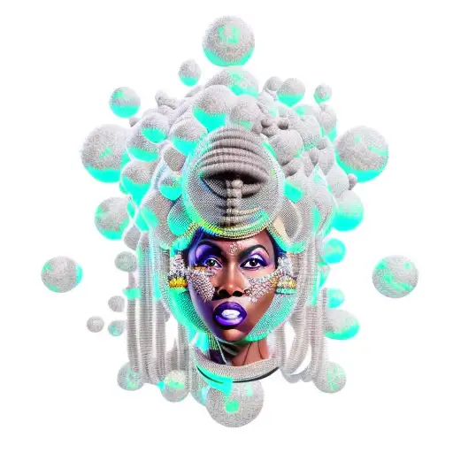A 3D wall art of a photorealistic Afrocentric Black woman in a crystal maze. The woman is depicted as gorgeous, wearing  tattoo design idea