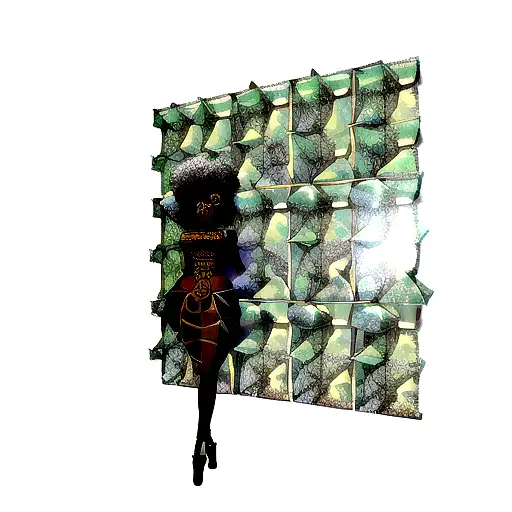 A 3D wall art of a photorealistic Afrocentric Black woman in a crystal maze. The woman is depicted as gorgeous, wearing  tattoo design idea