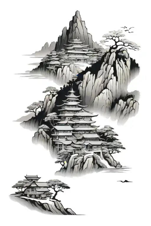 Japanese cliff village  tattoo design idea