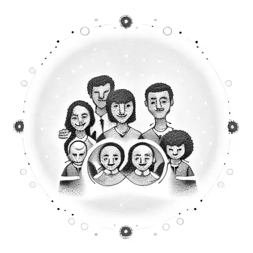 A dotwork tattoo of a family holding hands in a circle, with each person represented by a different sport-related symbol, signifying the client's strong bond with their family through sports tattoo design idea