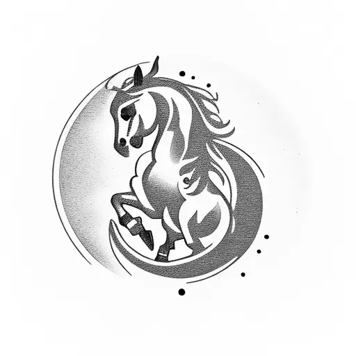 bucking horse silhouette in a crescent moon ontop of a mountain with forest tattoo design idea