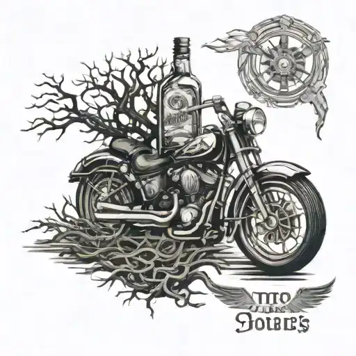 A whiskey bottle and glass with a motorcycle wheel and family tree roots tattoo design idea