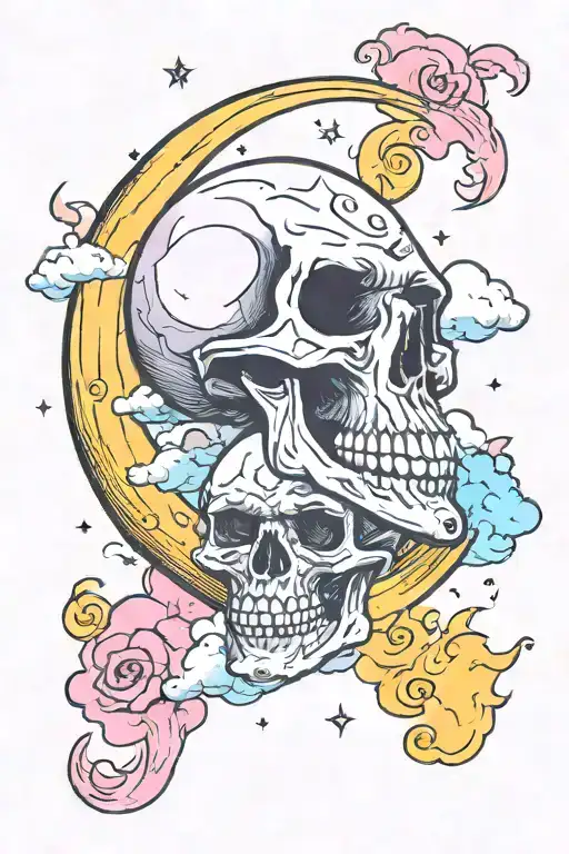 creepy skull crescent moon with pastel clouds surrounding tattoo design idea