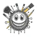 A dotwork design of a sarcastic smiley face with paintbrushes as the eyes tattoo design idea
