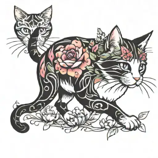 cat with flowers tattoo design idea