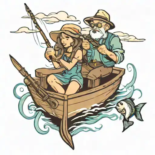 granddaughter and grandpa fishing on a boat floating tattoo design idea
