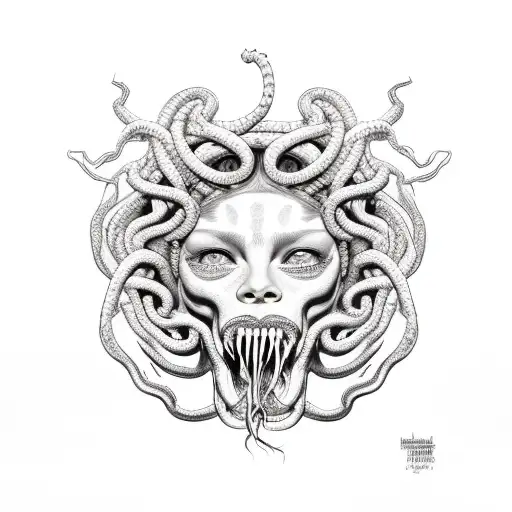 Medusa's head with half snake hair and half short dreadlocks. Tears dropping off. Mouth sewn. Face cracked tattoo design idea