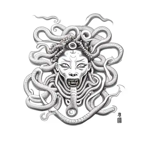 Medusa's head with half snake hair and half short dreadlocks. Tears dropping off. Mouth sewn. Face cracked tattoo design idea