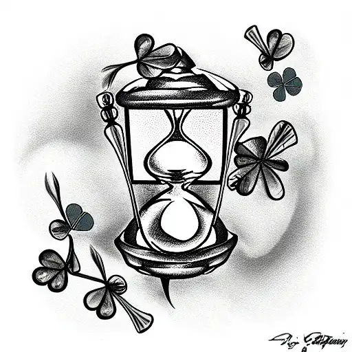 an hourglass where a broken heart turns into a four leaf clover tattoo design idea