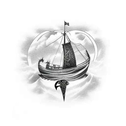 vikingship with waves, sky and lightning tattoo design idea