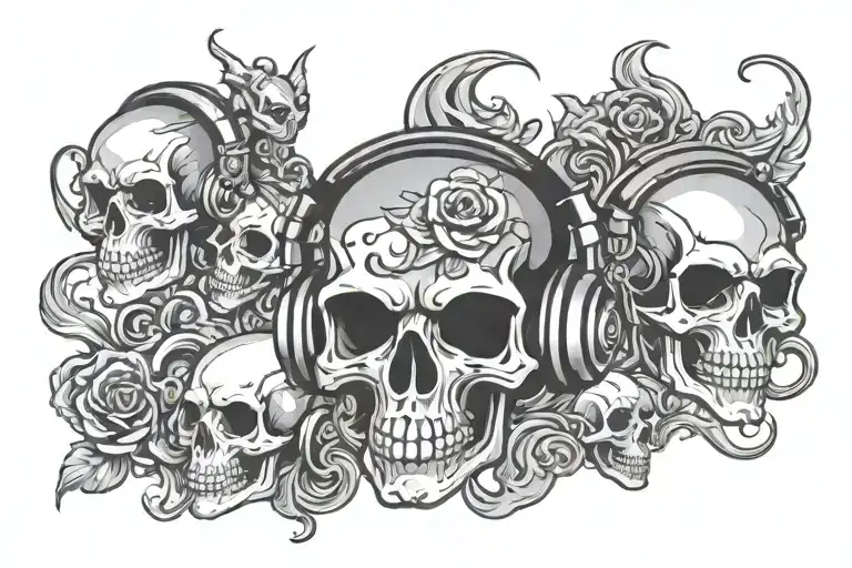 Skull headphones gambling good luck dragon with 3 kids tattoo design idea