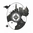 A detailed blackwork tattoo of a compass surrounded by iconic Australian landmarks such as Uluru and the Sydney Opera House tattoo design idea