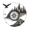A detailed blackwork tattoo of a compass surrounded by iconic Australian landmarks such as Uluru and the Sydney Opera House tattoo design idea