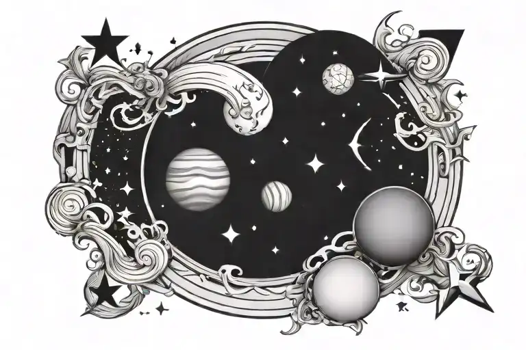 symbols of Jupiter and Venus with stars and in the middlw name Luka tattoo design idea