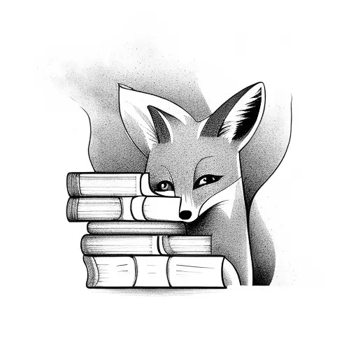 A curious fox peeking out from behind a stack of books tattoo design idea