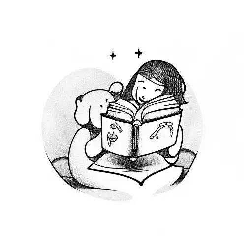 A stack of books with a motherly figure reading to a child tattoo design idea