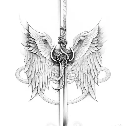 sword with wings on the side and a snake that goes around the sword tattoo design idea