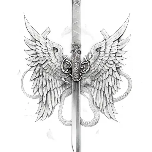 sword with wings on the side and a snake that goes around the sword tattoo design idea