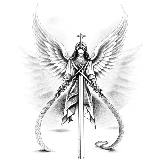 sword with angel wings and a snake around the sword tattoo design idea