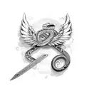 sword with wings on the side and a snake that goes around the sword tattoo design idea