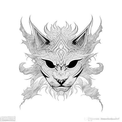 Detailed blackwork tattoo of Rengar's iconic mask combined with a black cat shadow tattoo design idea