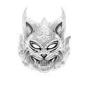 Detailed blackwork tattoo of Rengar's iconic mask combined with a black cat shadow tattoo design idea