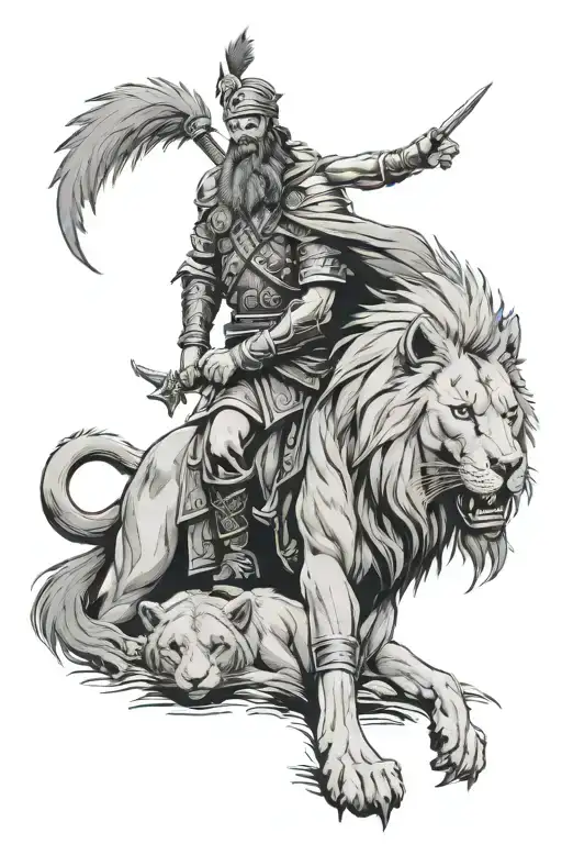 Lone warrior with wolf and lion background tattoo design idea