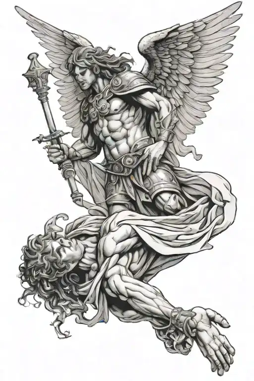 Warrior angel falling and the hand of God holding him tattoo design idea