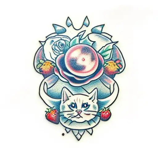sexy strawberry with a cat face tattoo design idea