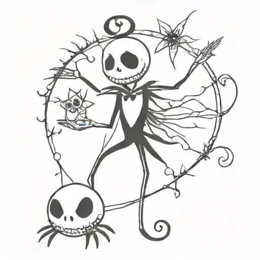 A minimalist tattoo of Jack Skellington from Nightmare Before Christmas surrounded by axolotls, representing your favorite things in a unique way tattoo design idea