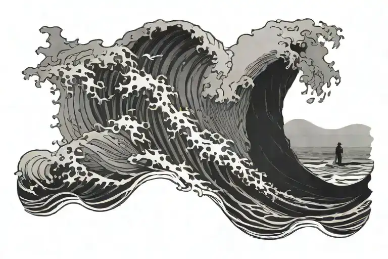 wave and shadow of a man standing despite waves coming. siluet  tattoo design idea