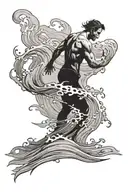 wave and shadow of a man standing despite waves coming. siluet  tattoo design idea