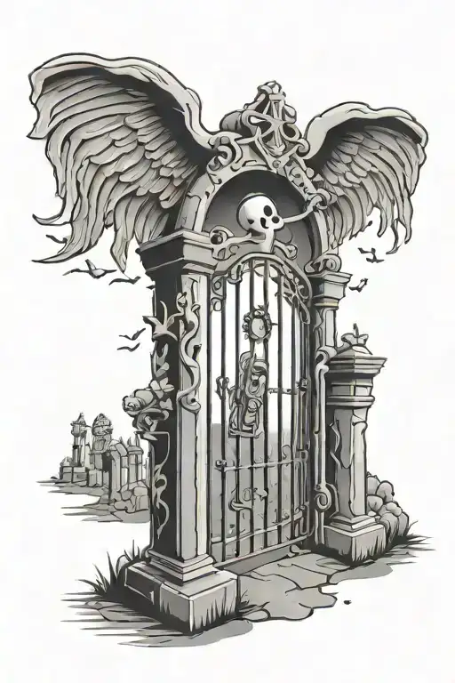 cartoon cemetary gates with ghost flying away tattoo design idea