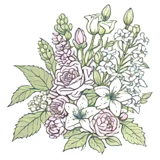 Bouquet birth flowers, February, April, May and December  tattoo design idea