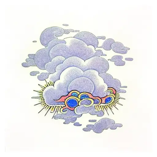 Japanese Style Clouds with Chrysantheum and threee small flame strands entertwined tattoo design idea