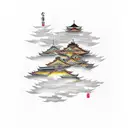 Japanese Style Clouds with Chrysantheum and threee small flame strands entertwined tattoo design idea