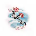Japanese Style Clouds with Chrysantheum and threee small flame strands entertwined tattoo design idea