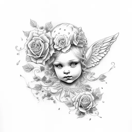 cherub with roses tattoo design idea