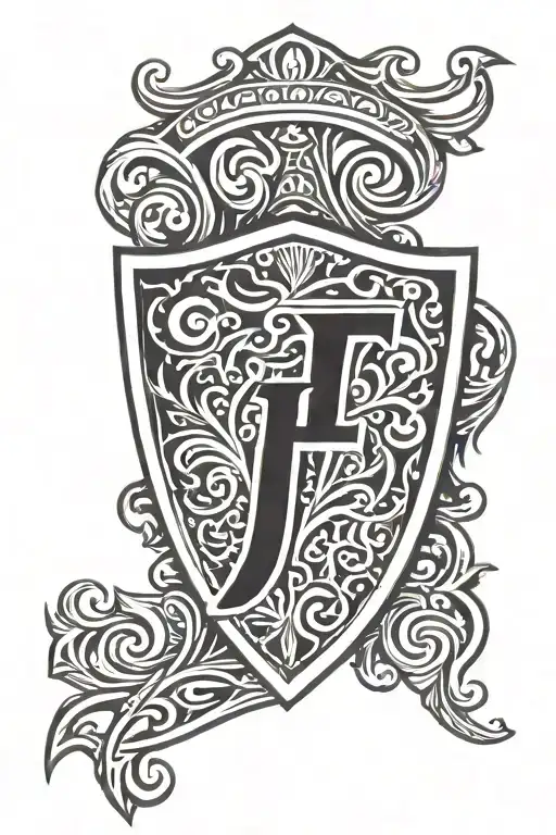 letter F in a shield engraved tattoo design idea