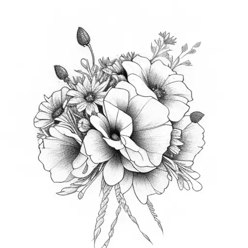 bouquet with larkspur, poppys and marigolds  tattoo design idea