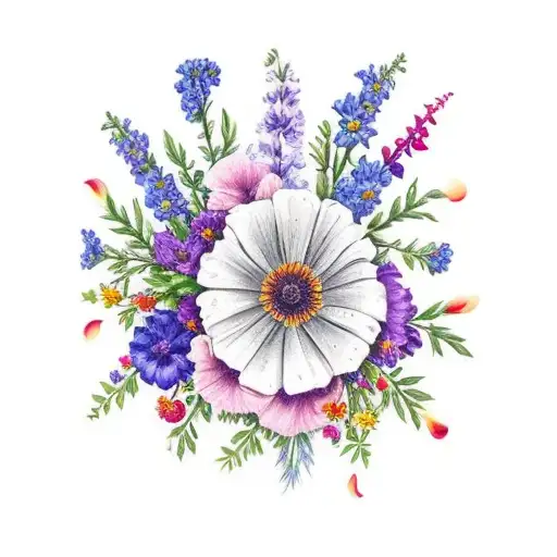 bouquet with larkspur, poppys and marigolds  tattoo design idea