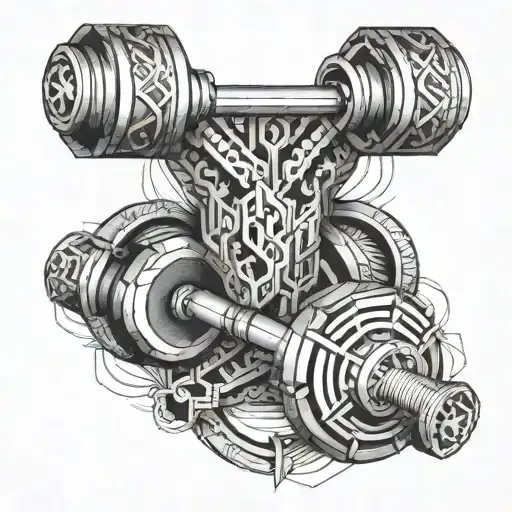 A stylized dumbbell with intricate geometric patterns intertwined, symbolizing strength and dedication to fitness tattoo design idea
