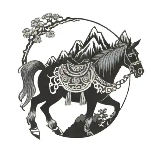 Japanese Banjo Horse Mountains tattoo design idea