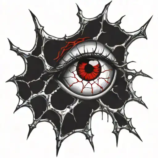 Satanic Realistic Eye, cracked and bleeding. dark black blood red. Bleeding Thorns black spider web and Silver Horns tattoo design idea