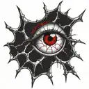Satanic Realistic Eye, cracked and bleeding. dark black blood red. Bleeding Thorns black spider web and Silver Horns tattoo design idea