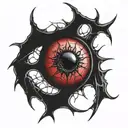 Satanic Realistic Eye, cracked and bleeding. dark black blood red. Bleeding Thorns black spider web and Silver Horns tattoo design idea