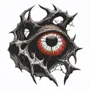 Satanic Realistic Eye, cracked and bleeding. dark black blood red. Bleeding Thorns black spider web and Silver Horns tattoo design idea
