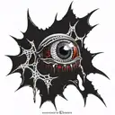 Satanic Realistic Eye, cracked and bleeding. dark black blood red. Bleeding Thorns black spider web and Silver Horns tattoo design idea