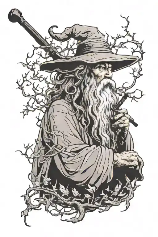 Gandalf the grey smoking pipe with staff intertwined with branches tattoo design idea